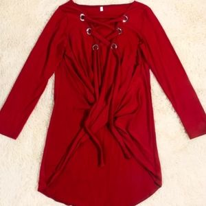 NWOT Sexy Lace Up Corset Maroon Burgundy Long Sleeve Shirt Ruffle Blouse V Neck